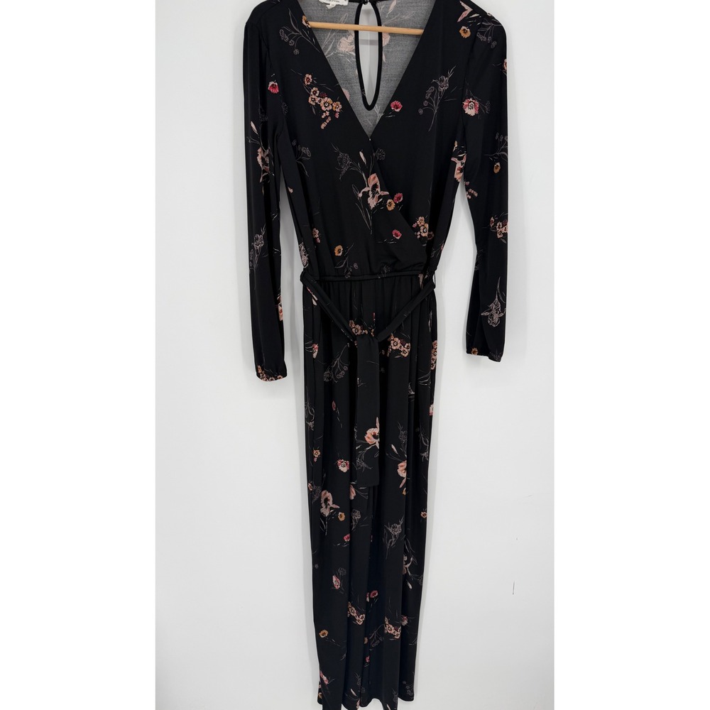Maurices JumWomens Black Floral Long Sleeve Wrap Front Small Pockets Belt